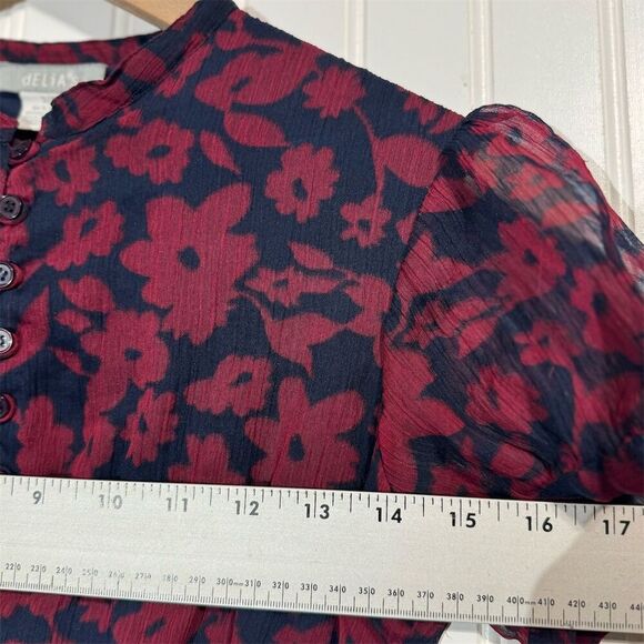 VTG dELiA*s Floral Midi Dress 90s Y2K Puff Sleeve Flare Navy Red S Ruched Waist - Picture 5 of 9